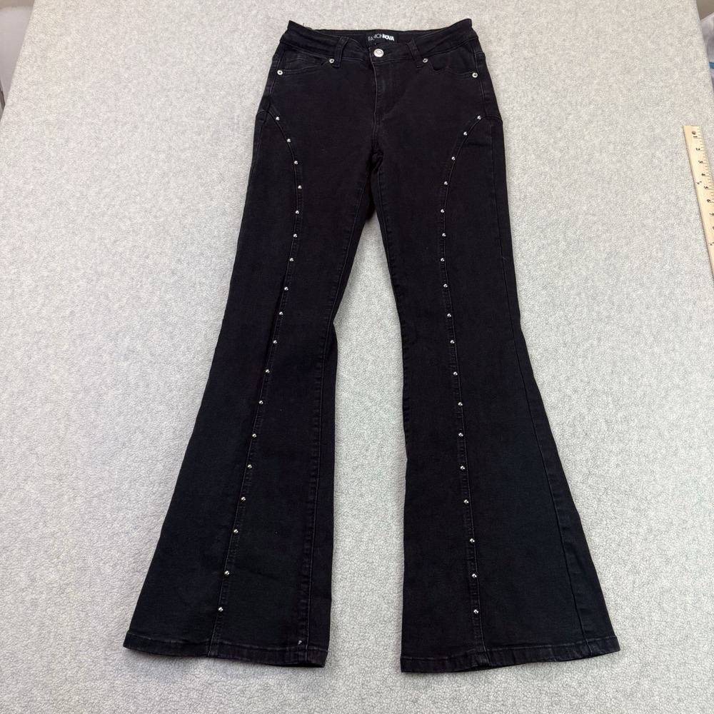 Fashion Nova Women's Size 7 Black Studded High-Rise Flare Jeans Y2K